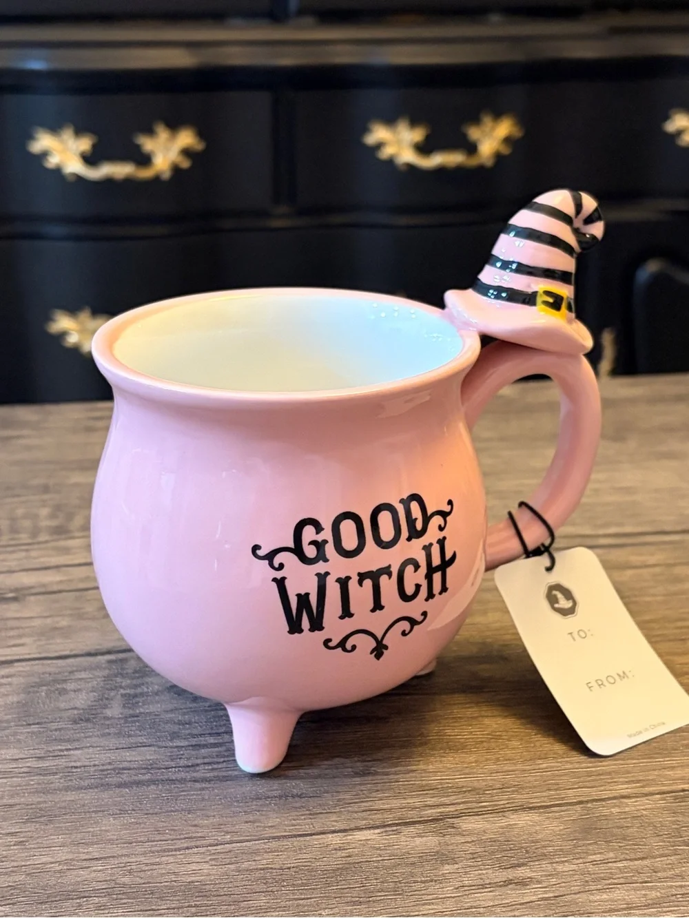 Pink Good Witch Cauldron Mug with witch hat